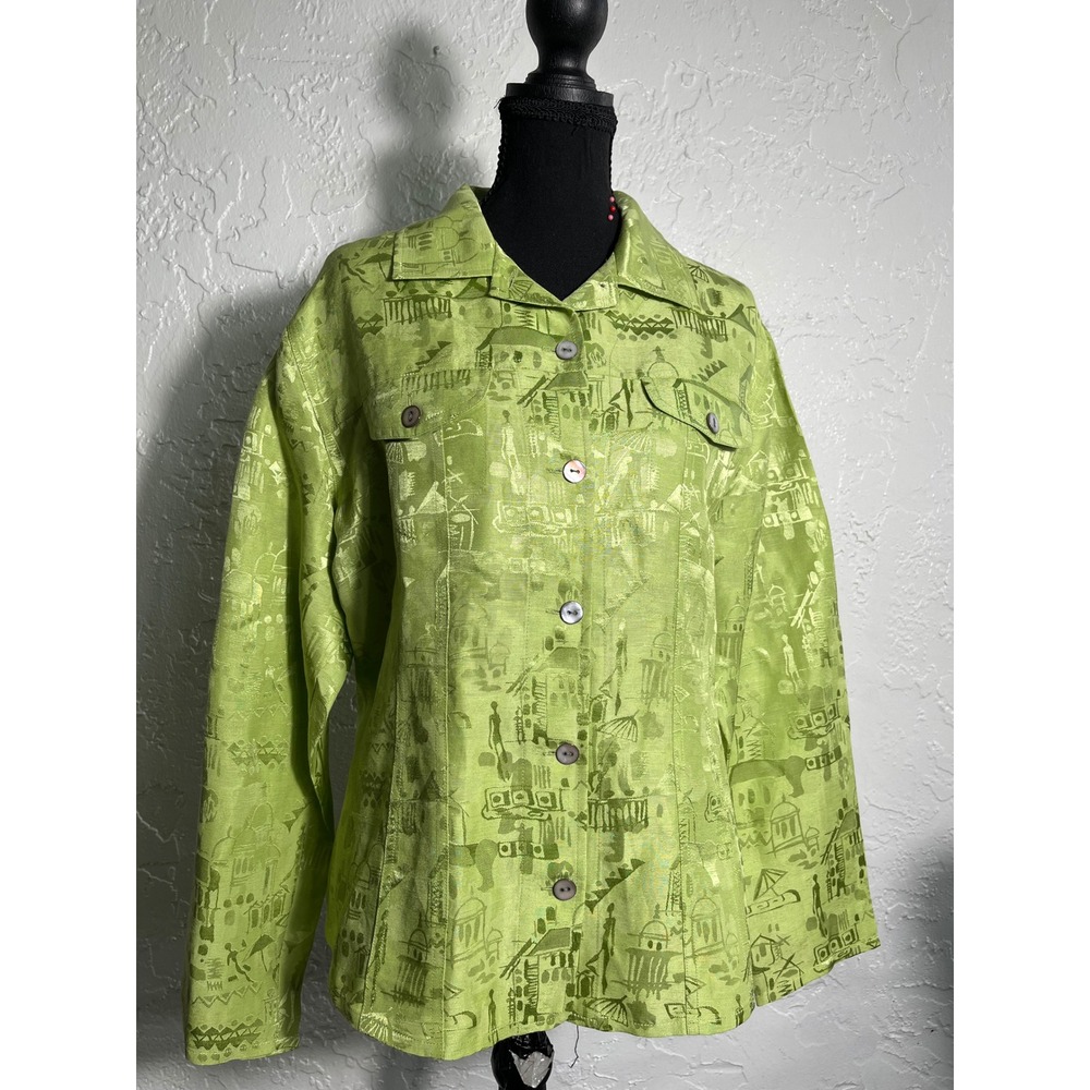 Chicos Lime Green Linen Silk Village Jacquard Button Down Jacket Size 2 Large